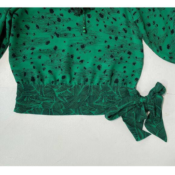 Vintage 80's SUSAN FREIS Green Puff Sleeve Patterned Top / Sz XS / Georgette - Picture 5 of 8